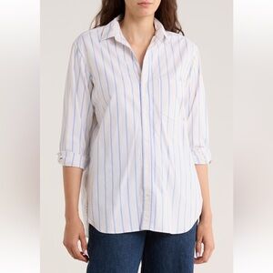 Frank & Eileen Boyfriend Cotton Button-Up Shirt Beige White Blue Stripe NEW SZ M